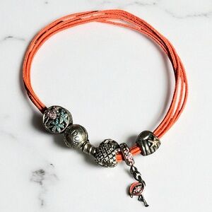 Pandora String Bracelet Orange retired Palm Tree Flamingo Pineapple Silver